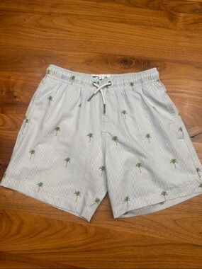 Kids Light Blue Palm Tree Swim Trunks with Drawstring